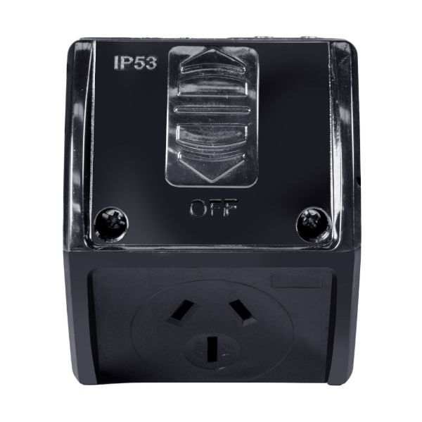 Picture of Weatherproof Single IP53 Black Outlet. Heavy Duty Industrial Grade Virgin Plasti
