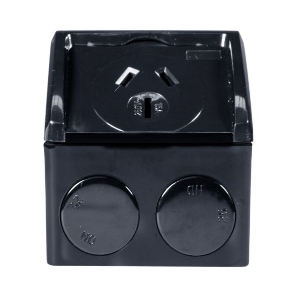 Picture of Weatherproof Single IP53 Black Outlet. Heavy Duty Industrial Grade Virgin Plasti