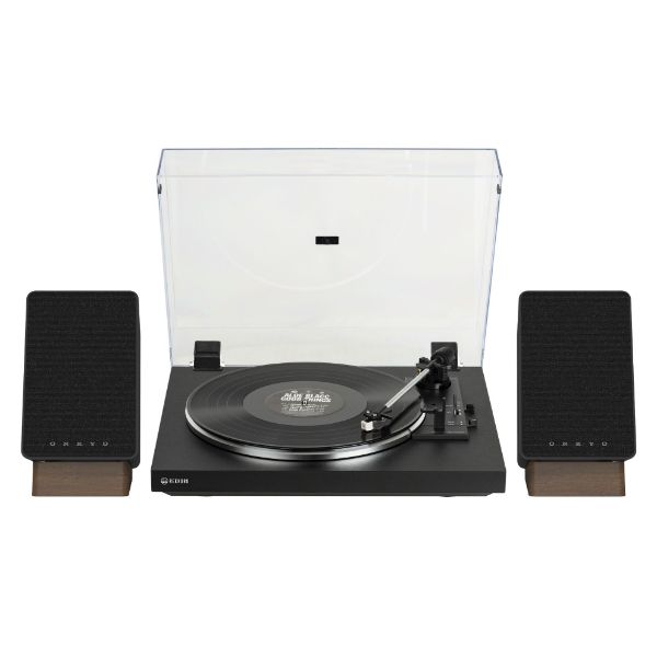 Picture of F100P Turntable with Black ONKYO GX30ARCB Powered Bookshe Speakers.