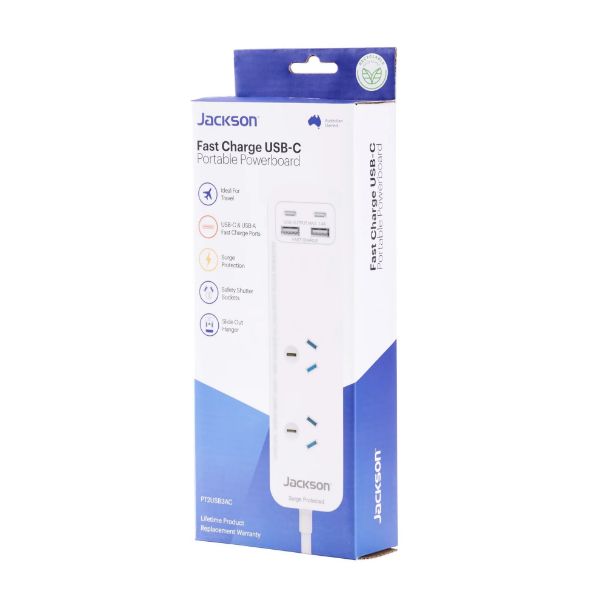 Picture of 2 Way Surge Protected Powerboard 2x USB-A/C Fast Charge Ports