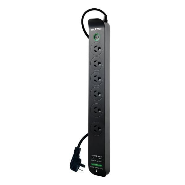 Picture of Raptor Master Switched 6 Way Surge Protected Powerboard 45W PD USB-C 36W USB-A Ports
