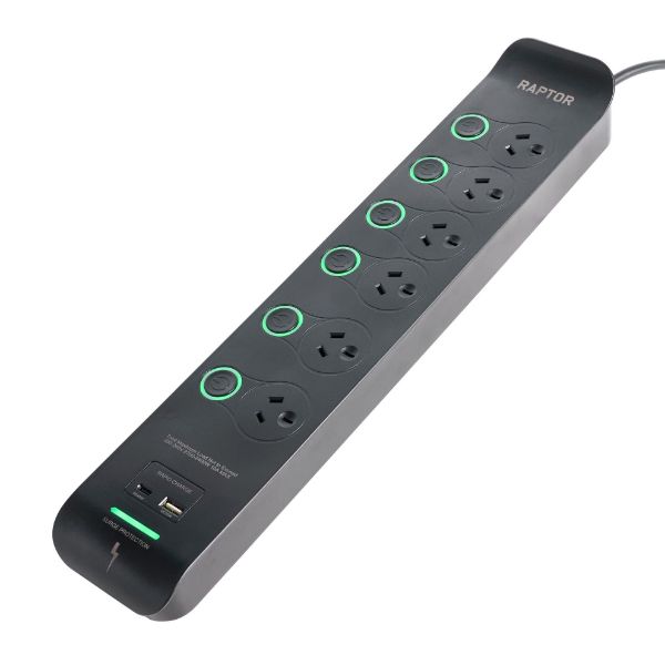 Picture of Raptor Individually Switched 6 Way Surge Protected Powerboard 45W PD USB-C 36W USB-A Ports