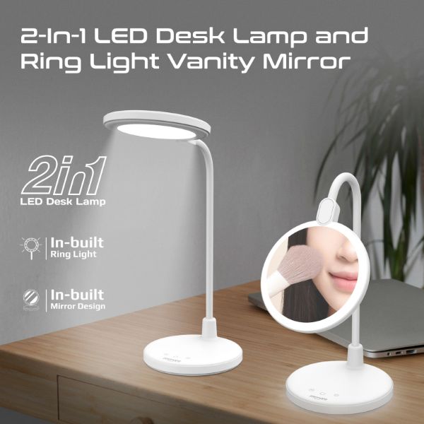 Picture of Flexible GooseneckLED Desk Lamp w RingLight Vanity Mirror & Touch Controls 3-LED Modes