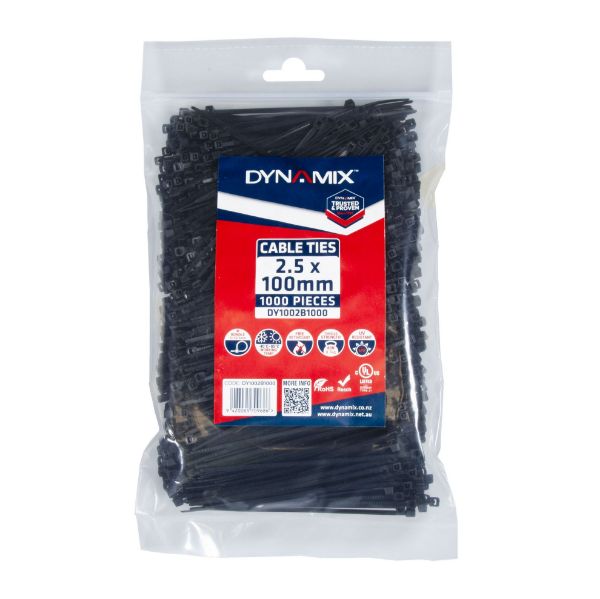 Picture of 2.5 x 100mm UV Black Cable Ties Pack of 1000 80N/8.1kgs Tensile Strength
