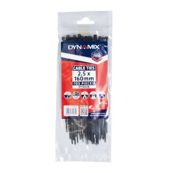 Picture of 2.5 x 160mm UV Black Cable Ties Pack of 100 80N/8.1kgs Tensile Strength