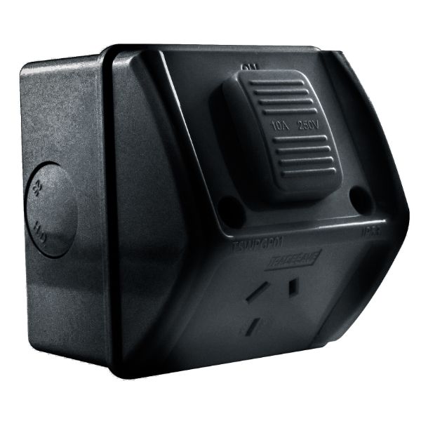 Picture of Weatherproof Single IP53 Black Outlet. Grey Heavy Duty Industrial Grade Virgin Plasti