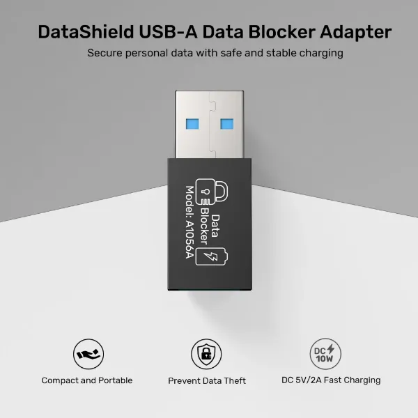 Picture of DataShield USB-A Data Blocker Adapter. Secure Personal Data with safe & stable fast PD240W