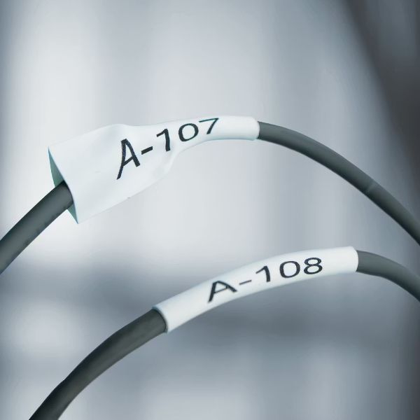 Picture of Genuine Rhino Industrial 1/2" Labels-Heat Shrink Tube 12mm Black on Yellow.