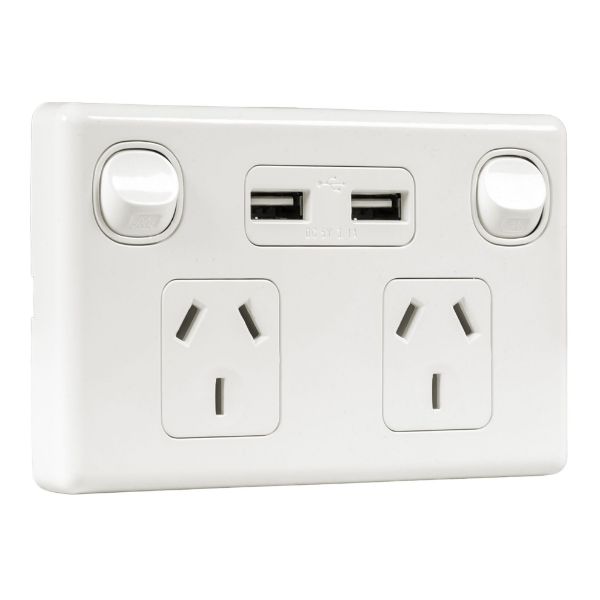 Picture of Double 10A Horizontal Power Point 2x USB-A Ports Removable Clip on Cover White
