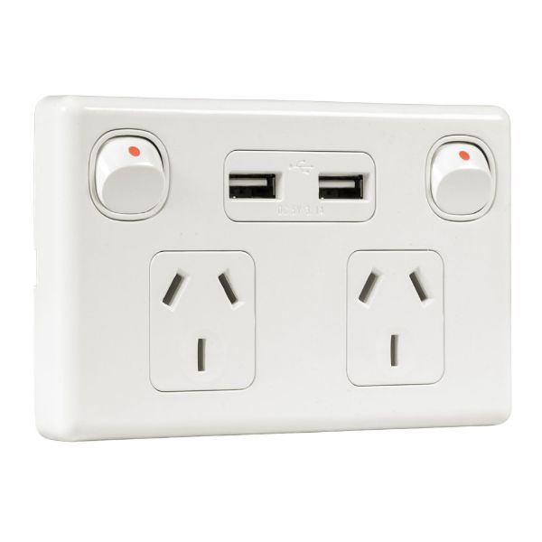 Picture of Double 10A Horizontal Power Point 2x USB-A Ports Removable Clip on Cover White