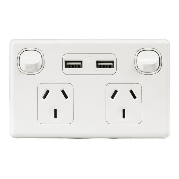 Picture of Double 10A Horizontal Power Point 2x USB-A Ports Removable Clip on Cover White
