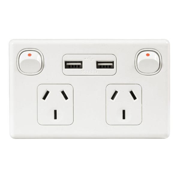 Picture of Double 10A Horizontal Power Point 2x USB-A Ports Removable Clip on Cover White