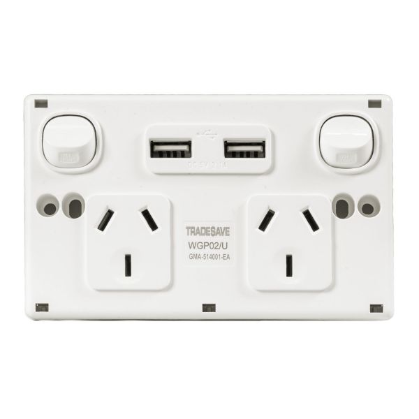 Picture of Double 10A Horizontal Power Point 2x USB-A Ports Removable Clip on Cover White