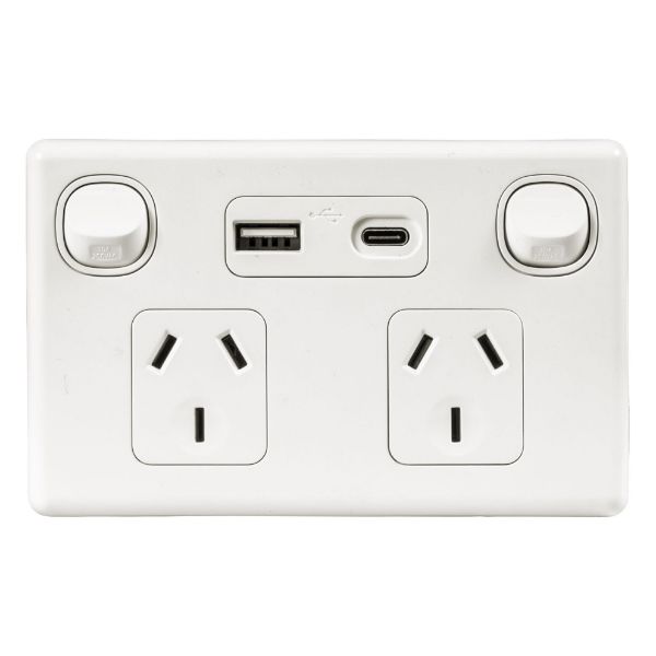 Picture of Double 10A Horizontal Power Point USB-A/C Ports Removable Clip on Cover White