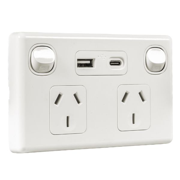Picture of Double 10A Horizontal Power Point USB-A/C Ports Removable Clip on Cover White