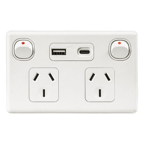 Picture of Double 10A Horizontal Power Point USB-A/C Ports Removable Clip on Cover White