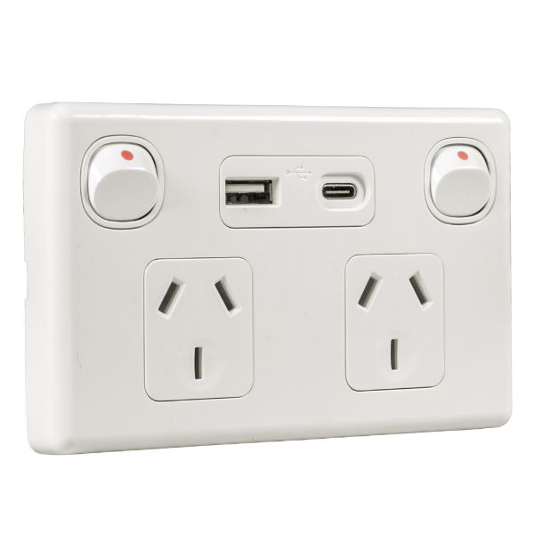 Picture of Double 10A Horizontal Power Point USB-A/C Ports Removable Clip on Cover White