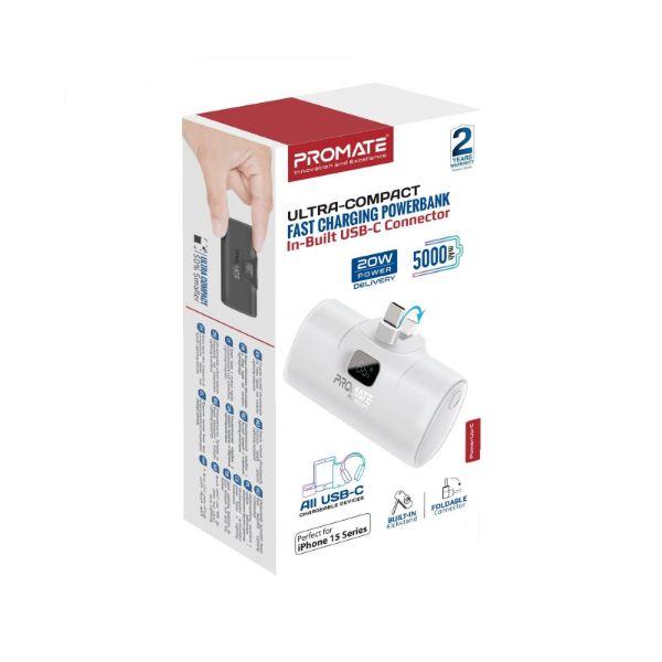 Picture of 5000mAh Ultra Compact 20W Power Bank with Built-in USB-C Foldable Connector. Kick Stand