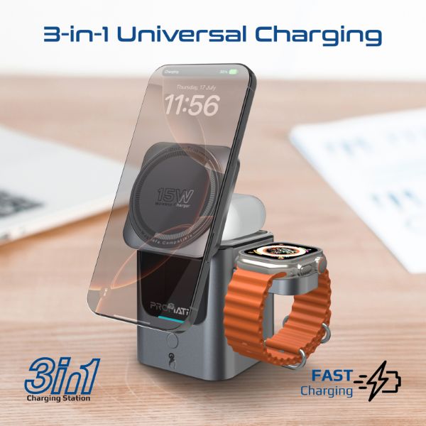 Picture of 3-in-1 Ultra-Compact Auto-Fold 15W MagSafe Compatible Wireless Charging Station