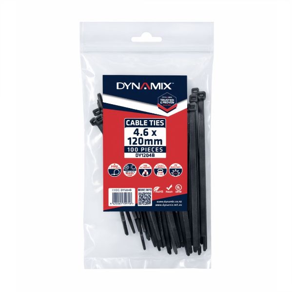 Picture of 4.6 x 120mm UV Black Cable Ties Pack of 100 230N/23.4kgs Tensile Strength