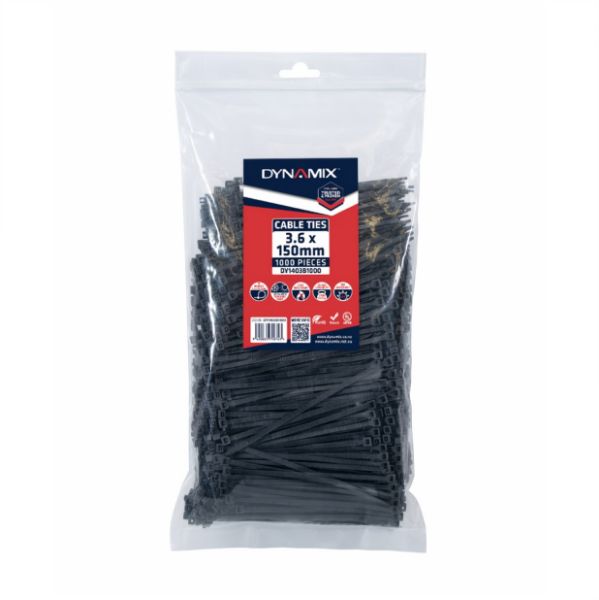 Picture of 3.6 x 150mm UV Black Cable Ties Pack of 1000 180N/18.3kgs Tensile Strength
