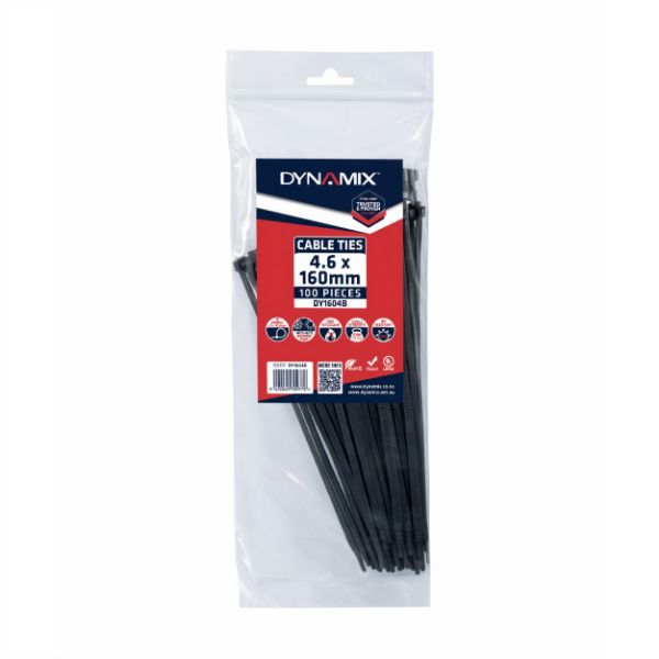 Picture of 4.6 x 160mm UV Black Cable Ties Pack of 100 230N/23.4kgs Tensile Strength
