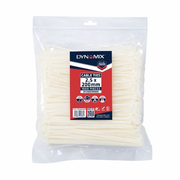 Picture of 2.5 x 200mm Natural Cable Ties Pack of 1000 80N/8.1kgs Tensile Strength