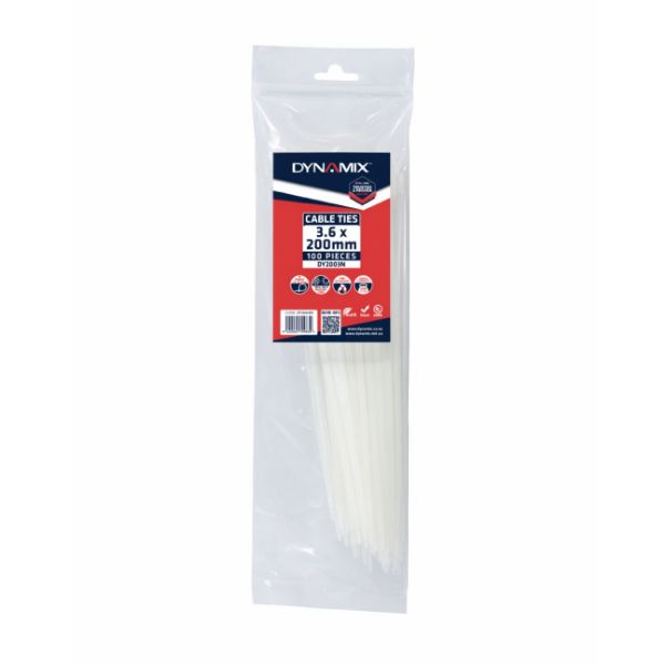 Picture of 3.6 x 200mm Natural Cable Ties Pack of 100 180N/18.3kgs Tensile Strength