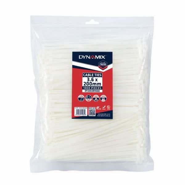 Picture of 3.6 x 200mm Natural Cable Ties Pack of 1000 180N/18.3kgs Tensile Strength