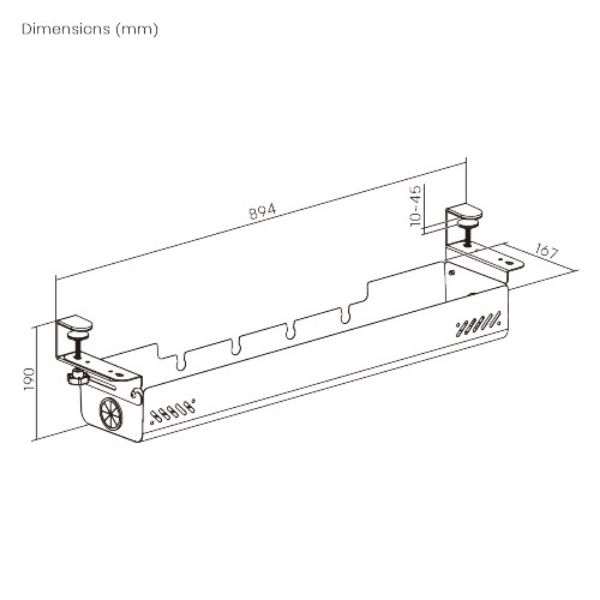 Picture of Clamp-On Under-Desk Cable Management Tray. Dims: 894×167×190mm