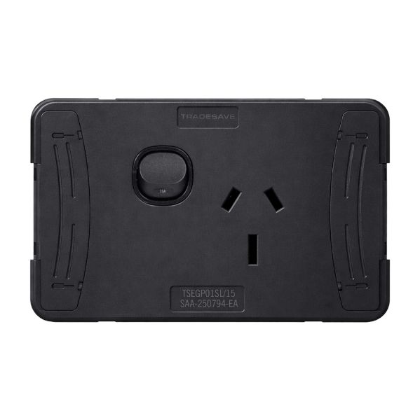 Picture of Sleek Single 15A Horizontal Power Point. Removable Cover. Flame Resistant. Matt Black