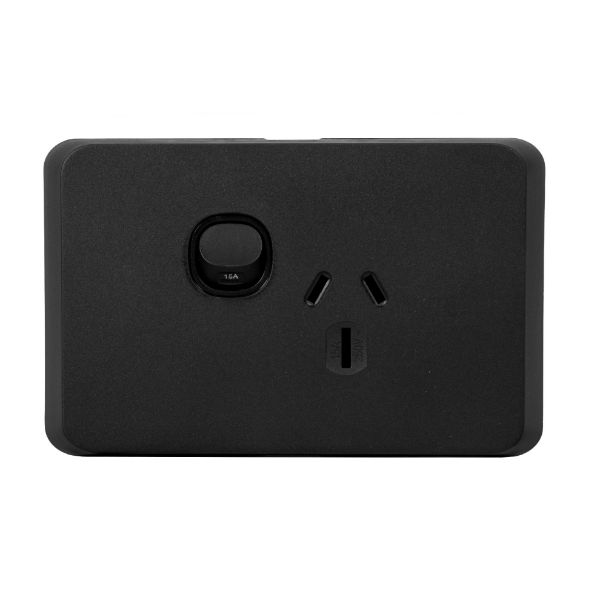 Picture of Sleek Single 15A Horizontal Power Point. Removable Cover. Flame Resistant. Matt Black