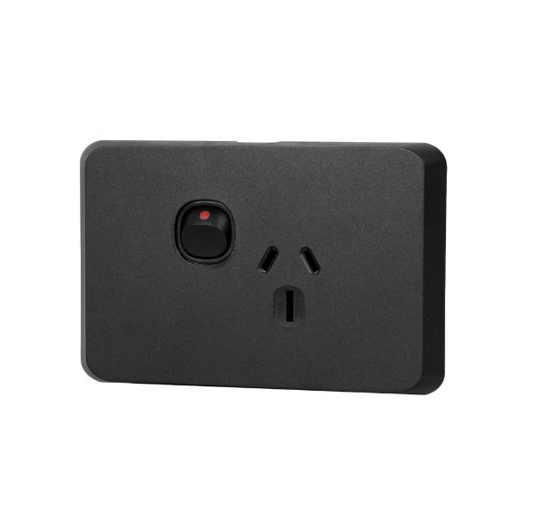 Picture of Sleek Single 15A Horizontal Power Point. Removable Cover. Flame Resistant. Matt Black