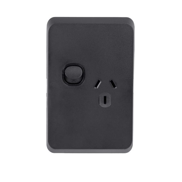 Picture of Sleek Single 10A Vertical Power Point. Removable Cover. Flame Resistant. Matt Black