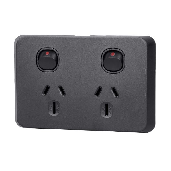 Picture of Sleek Double 15A Horizontal Power Point. Removable Cover. Flame Resistant. Matt Black