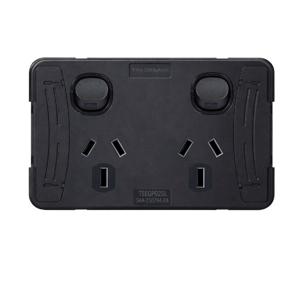 Picture of Sleek Double 10A Horizontal Power Point. Removable Cover. Flame Resistant. Matt Black
