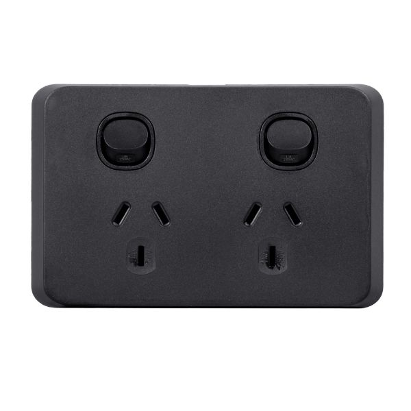 Picture of Sleek Double 10A Horizontal Power Point. Removable Cover. Flame Resistant. Matt Black