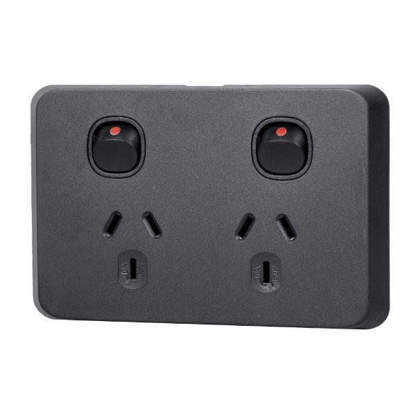 Picture of Sleek Double 10A Horizontal Power Point. Removable Cover. Flame Resistant. Matt Black