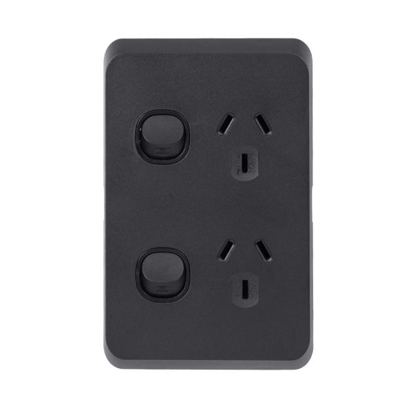 Picture of Sleek Double 10A Vertical Power Point. Removable Cover. Flame Resistant. Matt Black