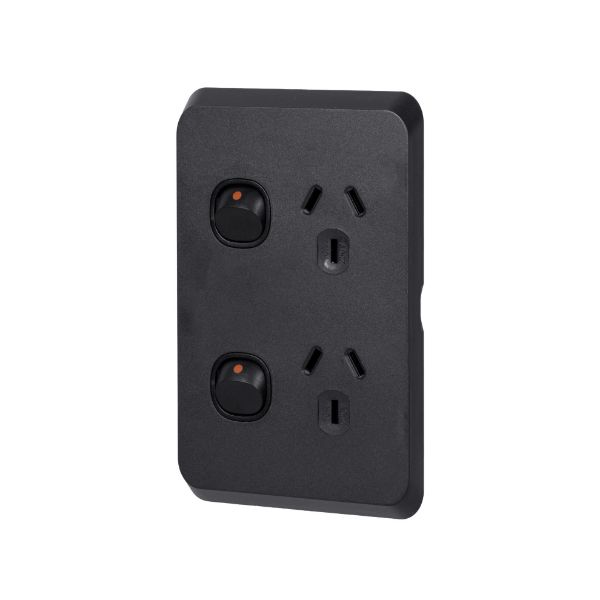 Picture of Sleek Double 10A Vertical Power Point. Removable Cover. Flame Resistant. Matt Black