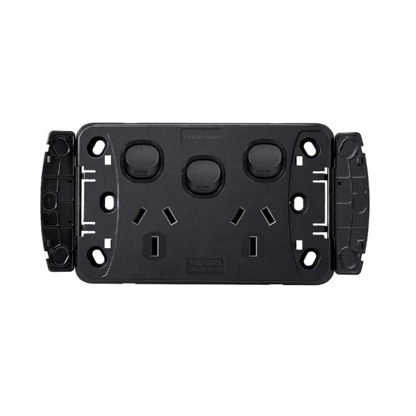 Picture of Sleek Double 10A Power Point with Extra 16A Switch. Removable Cover. Matt Black