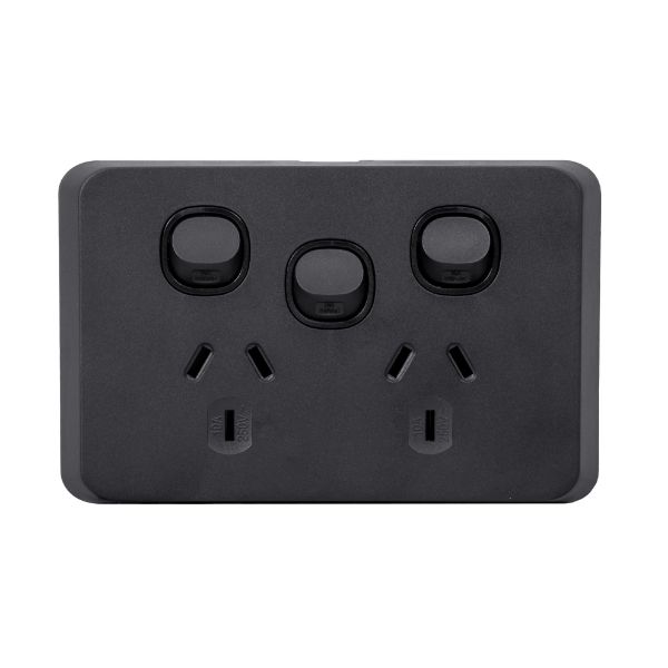 Picture of Sleek Double 10A Power Point with Extra 16A Switch. Removable Cover. Matt Black