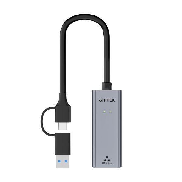 Picture of USB to Gig Ethernet Adapter w/ 2-in-1 Connectors (USB-C & USB-A). Supports up to 5Gbps