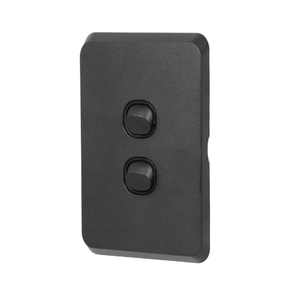 Picture of Sleek 16A 2-Way Vertical 2 Gang Switch. Flame Resistant. Matt Black