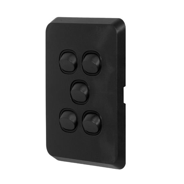 Picture of Sleek 16A 2-Way Vertical 5 Gang Switch. Flame Resistant. Matt Black