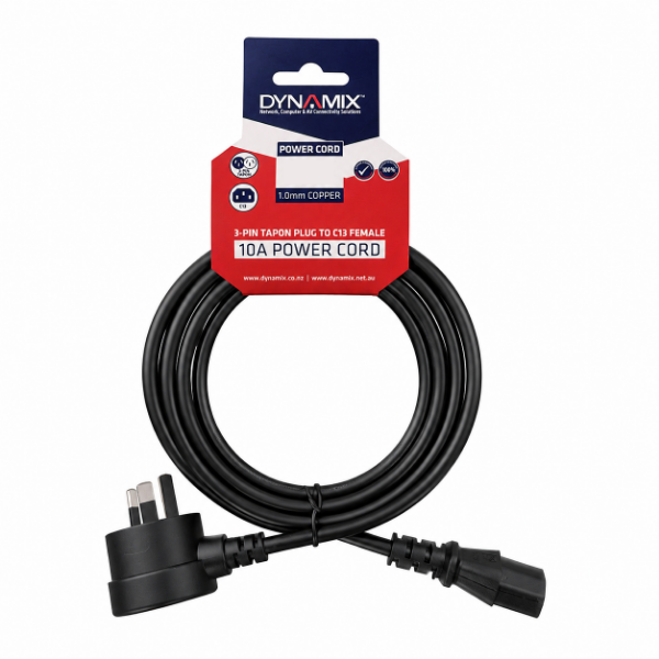 Picture of 1.2M 3-Pin TAPON Ended Plug. IEC C13 Female Connector 10A SAA Approved Power Cord.