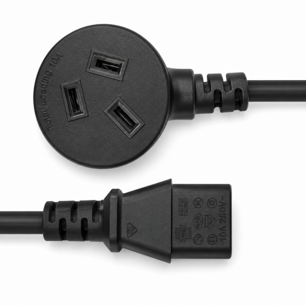 Picture of 1.2M 3-Pin TAPON Ended Plug. IEC C13 Female Connector 10A SAA Approved Power Cord.