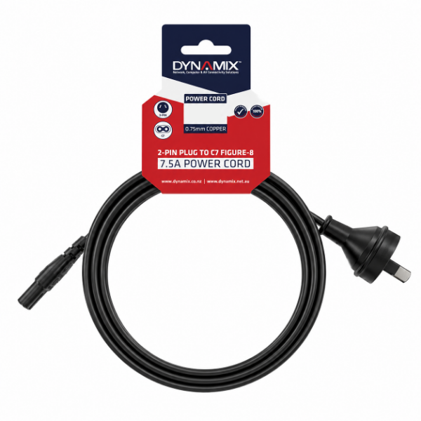 Picture of 2M 2-Pin plug to C7 Figure 8 connector 7.5A. SAA approved power cord. 0.75mm copper core