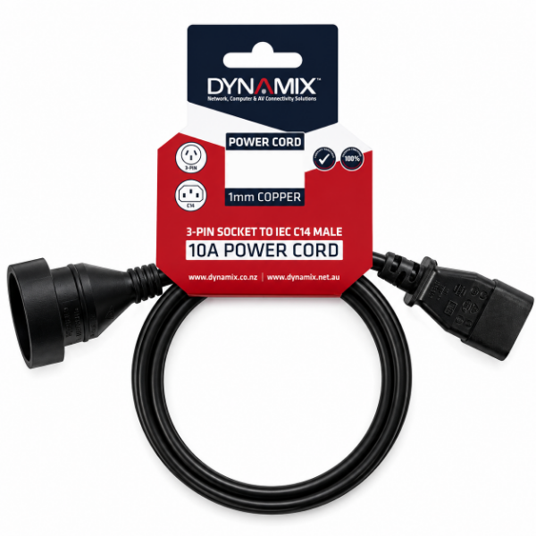 Picture of 0.5m 3-Pin Socket to IEC C14 Male Connector. 10A. Power Cord.