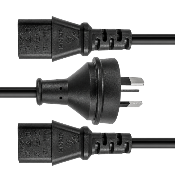 Picture of 2M Y Power Cord. 3-Pin Plug to 2x IEC C13 Female Connectors 10A. SAA Approved.